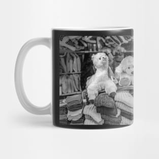 Market stall selling alpaca wool textiles Mug